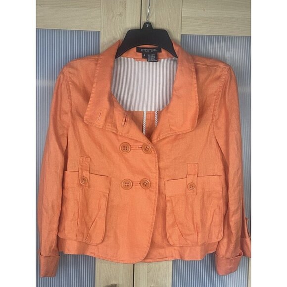 Etcetera Sz 4 Orange Linen Blazer Retro Jacket Lined with Front Pockets - Picture 2 of 5